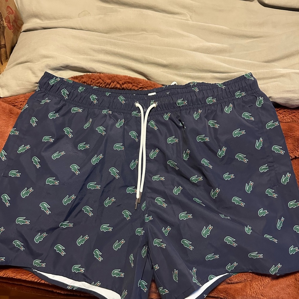 Lacoste Blue and Green Swim Trunks with Croc Pattern